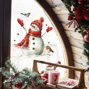 Christmas snowman and birds static window sticker for festive home glass decoration