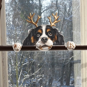 Weihnachtsfensterbild mit Cavalier King Charles Spaniel und Rentiergeweih Motiv