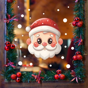 Adesivi statici per finestre con Babbo Natale cartoon e fiocchi di neve per decoro Natale