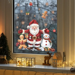 Detailed view of Santa, Snowman, and Gingerbread man static window decals for Christmas