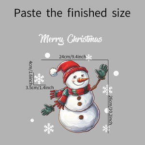 Detailed dimensions of cartoon snowman wall decal with Merry Christmas text and snowflakes