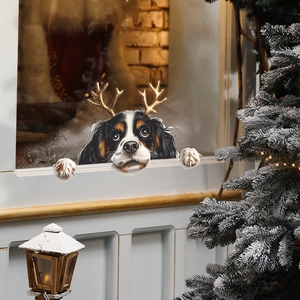 Weihnachtsaufkleber mit Cavalier King Charles Spaniel und goldenem Rentiergeweih für Fenster