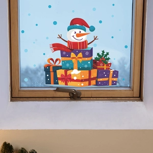 Christmas window sticker featuring a snowman on gift boxes for home glass decoration