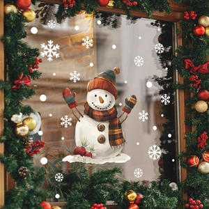 Christmas snowman window static sticker set with snowflakes and holiday wreath on glass