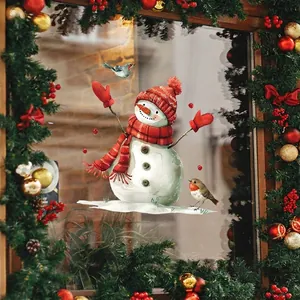 Christmas Snowman Robin Birds Window Static Cling Sticker PVC Watercolor Wall Decal For Bedroom Bathroom Home Decor Gift