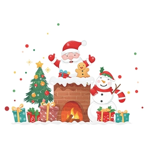 Weihnachts-Fensteraufkleber mit Weihnachtsmann, Schneemann und Baum auf weißem Grund
