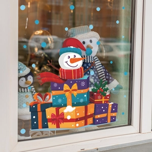 Christmas snowman window sticker on colorful gift boxes with blue snowflakes decor