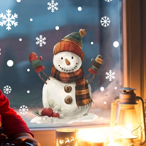 Festive Christmas snowman and white snowflake static window decals for home glass decoration