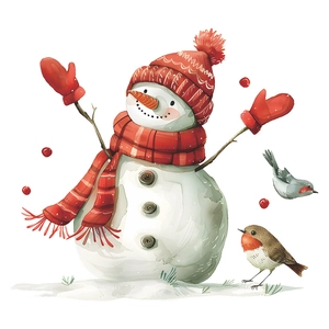 Christmas snowman wall sticker with red hat and scarf featuring two birds in watercolor