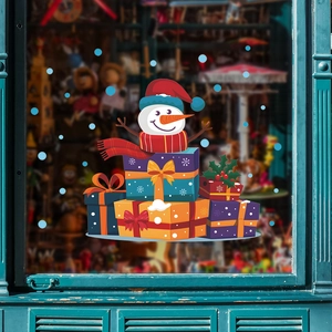 Festive Christmas snowman on colorful gift boxes sticker for window glass decoration