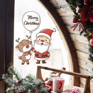 Merry Christmas static window decals featuring Santa Claus and reindeer for home decoration