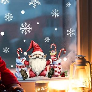 Christmas window stickers featuring Santa, candy canes and white snowflakes for home decor