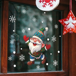 Christmas window decals set featuring cartoon Santa gnome and white snowflakes for home decor