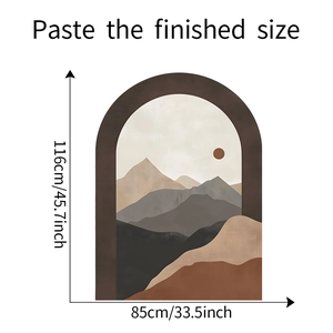 Detailed dimensions of the mountain landscape arch wall sticker showing 116cm by 85cm size