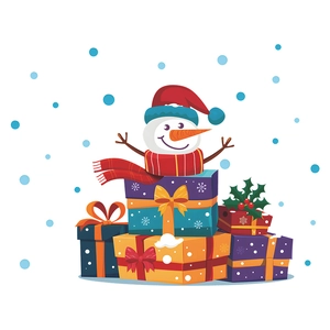 Cartoon Christmas snowman sitting on colorful gift boxes decorative wall sticker