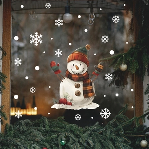 Detailed close-up of Christmas snowman window stickers with snowflakes and festive decor