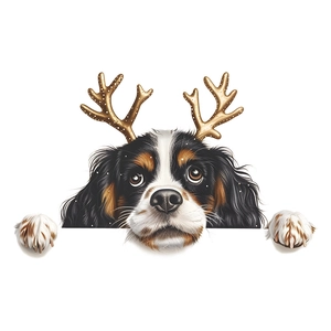 Weihnachten Cavalier King Charles Spaniel Wandsticker mit goldenem Geweih auf weißem Grund
