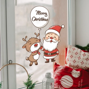 Detail of Christmas window stickers featuring Santa, reindeer, and Merry Christmas balloon