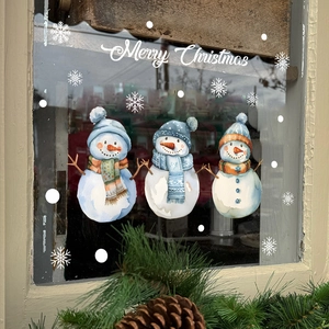 Watercolor Christmas snowman wall stickers for home glass windows with festive snow accents