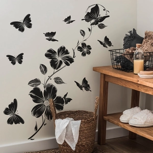 Floral vine and butterfly wall stickers in black matte PVC for home interior decoration