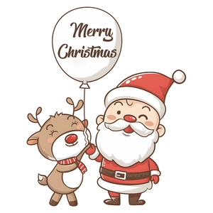 Cartoon Christmas wall sticker featuring Santa Claus and cute reindeer with a Merry Christmas balloon