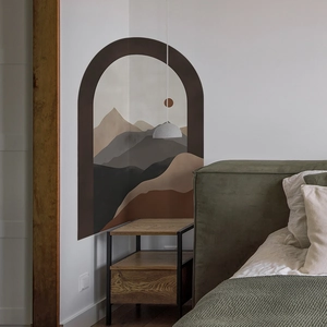 Detail of minimalist mountain landscape wall sticker in modern bedroom arch design