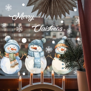 Watercolor Christmas snowman and snowflake window stickers with Merry Christmas text for home