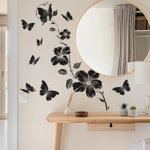 Elegant black floral vine and butterfly wall stickers for home bedroom decoration