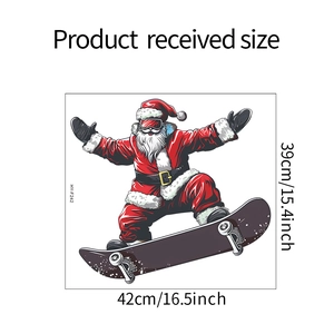 Detail view of skateboarding Santa wall sticker with product dimensions 42x39cm