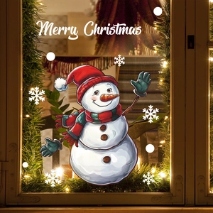Christmas snowman wall stickers with snowflakes and festive warm lights on glass windows