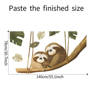Cartoon sloths wall sticker dimensions display showing 140cm x 78cm finished size