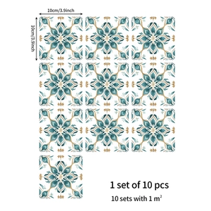 Detail showing 10-piece set of blue floral tile stickers with 10x10cm size dimensions