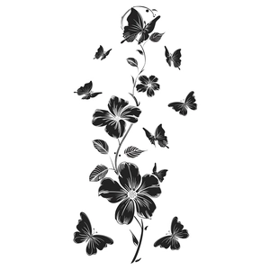 Floral vine and butterfly wall sticker with black monochrome nature patterns for home decor