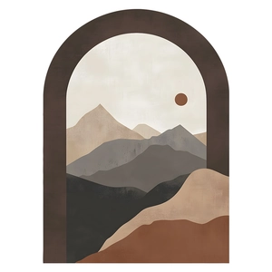 Bohemian abstract mountain range and sun wall sticker in minimalist earthy tones