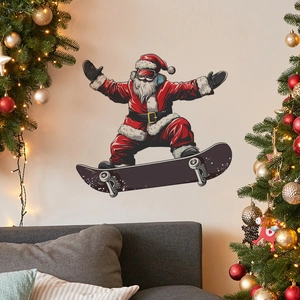 Christmas Santa Claus on skateboard wall decal for festive home living room decoration