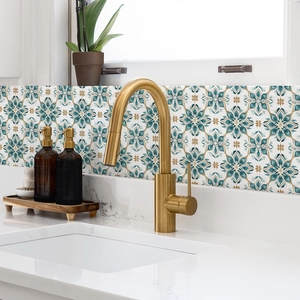 Self-adhesive floral tile stickers for kitchen backsplash with vintage teal pattern