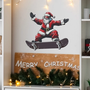 Skateboarding Santa Claus wall sticker on white wall with festive Christmas decorations