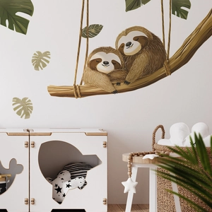 Cartoon sloths resting on branch wall decals for minimalist nursery room decoration