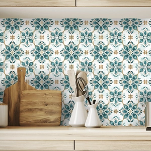 Blue and gold floral tile stickers for kitchen backsplash with bohemian mosaic design