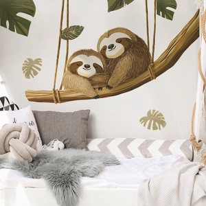 Cartoon sloth wall decals with tropical green leaves for home bedroom decoration