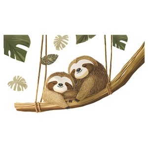 Cartoon sloths hugging on branch with monstera leaves decorative wall sticker
