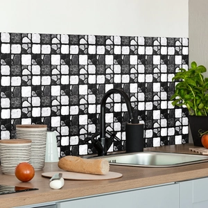 Detailed view of black and white pebble tile stickers for waterproof kitchen backsplash