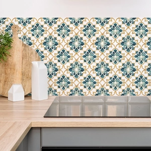 Self-adhesive blue and gold mandala pattern tile stickers for modern kitchen backsplash