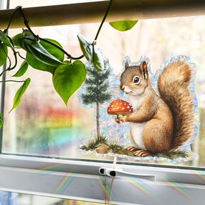 Squirrel Mushroom Pine Tree Suncatcher Window Cling Static Prismatic Rainbow Effect Glass Sticker For Home Decoration