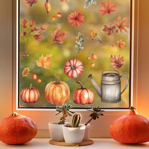 Autumn glass window stickers featuring watercolor pumpkins, leaves and watering can