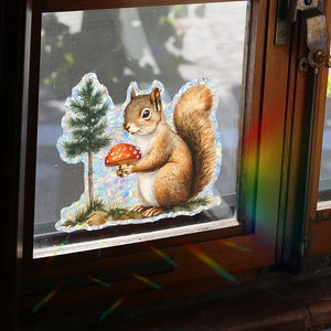 Holographic squirrel and mushroom window sticker with rainbow light effect for home decor