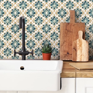 Self-adhesive green floral mandala tiles wallpaper for kitchen and bathroom decor