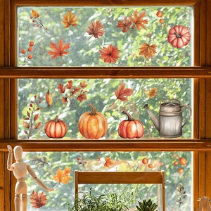 Autumn window stickers set with pumpkins, maple leaves and vintage watering can decals