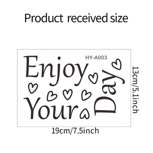 Enjoy Your Day wall decal detailed view with dimensions and heart motifs for decor