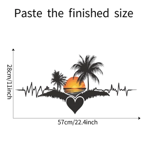Detail view of the beach sunset wall decal showing finished size dimensions 28x57 cm